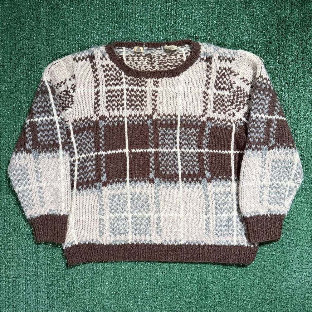 Tricote Vintage Plaid Knit Sweater Size Large Brown White Grey Wool Hand Knit